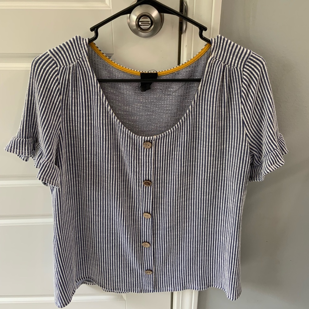 Navy Stripe with ruffle sleeve blouse